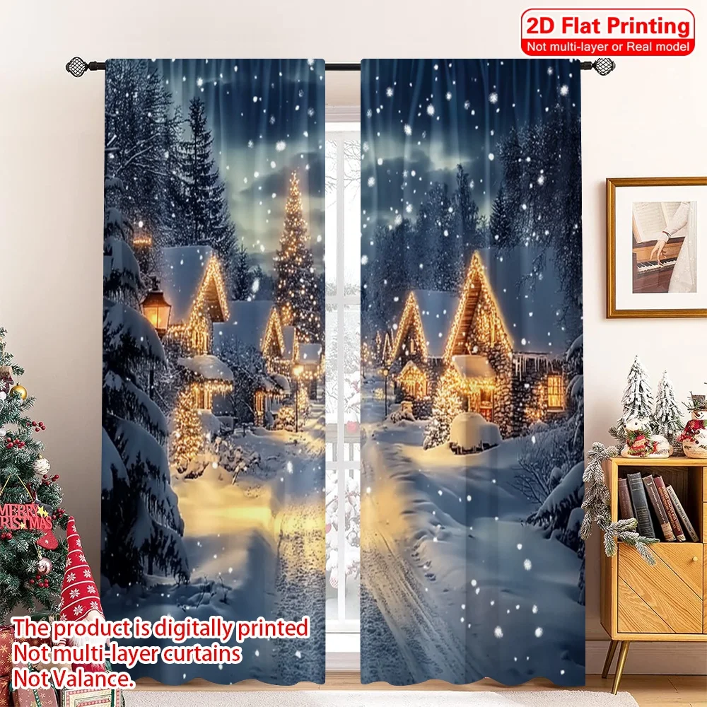 

2D flat printing 2pcs Merry Christmas Popular Window Curtains snow scene 100% Polyester Fabric Without Electricity Birthday