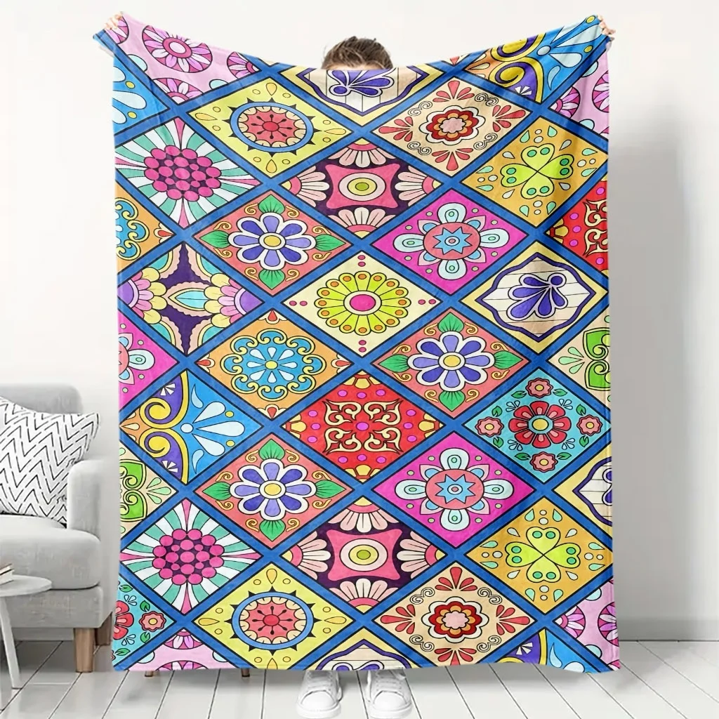 Multi Shade Flower Square Grid Bohemian Bright Color Background Flannel Throw Blanket, Warm Cozy Blanket,Boho Decor Gift Bedroom