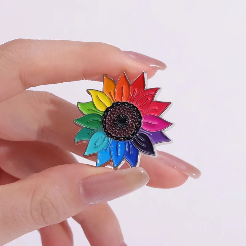 Regenbogen Sonnenblume Emaille Pin Cartoon Blumen Broschen Kleidung Rucksack Zubehör Schmuck Hemd Kragen Revers Abzeichen für Freunde