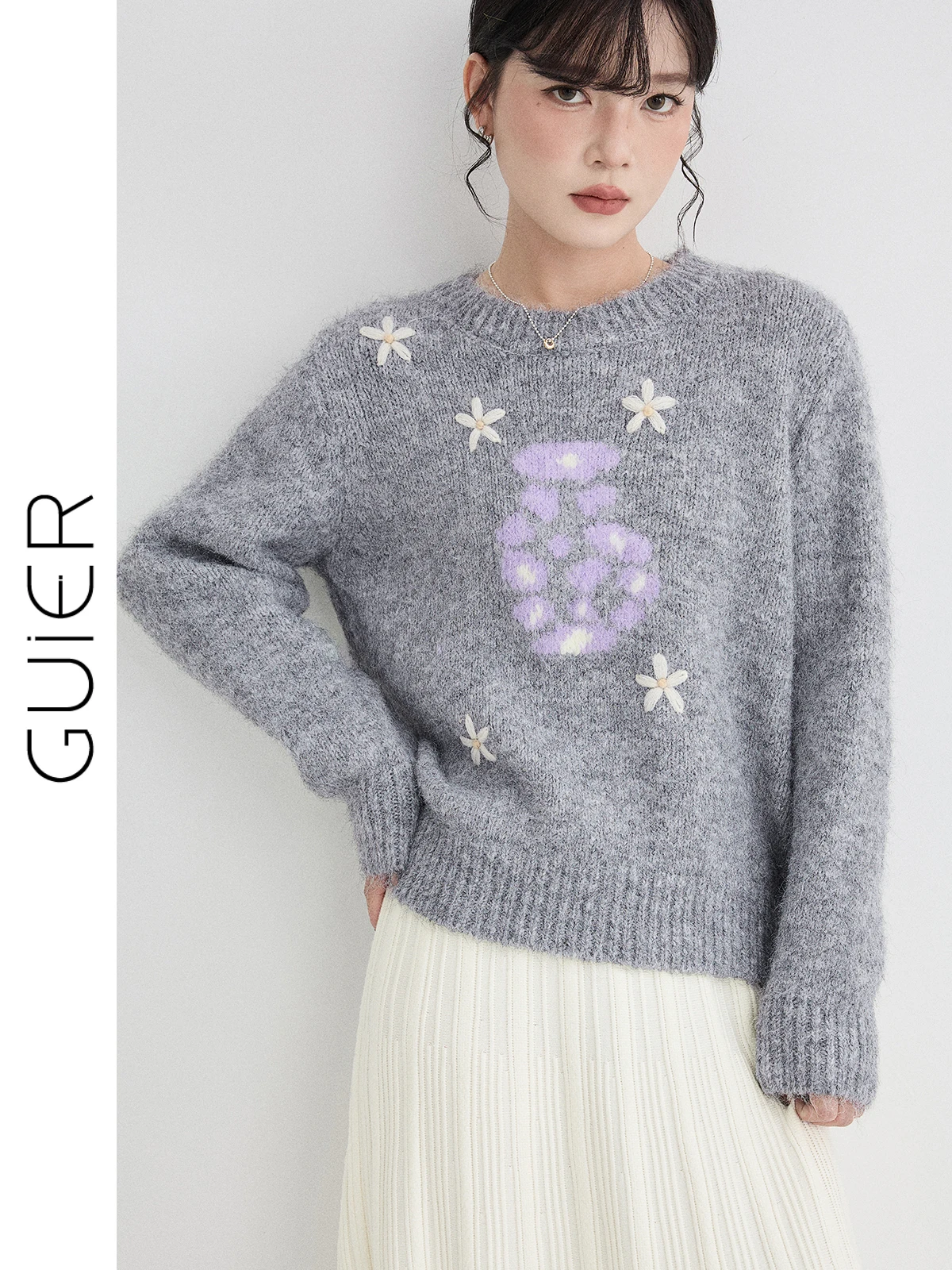 

Женский вязаный свитер Guier с круглым вырезом, свободного кроя, зима 2025, новинка, с цветочным узором, модный повседневный топ