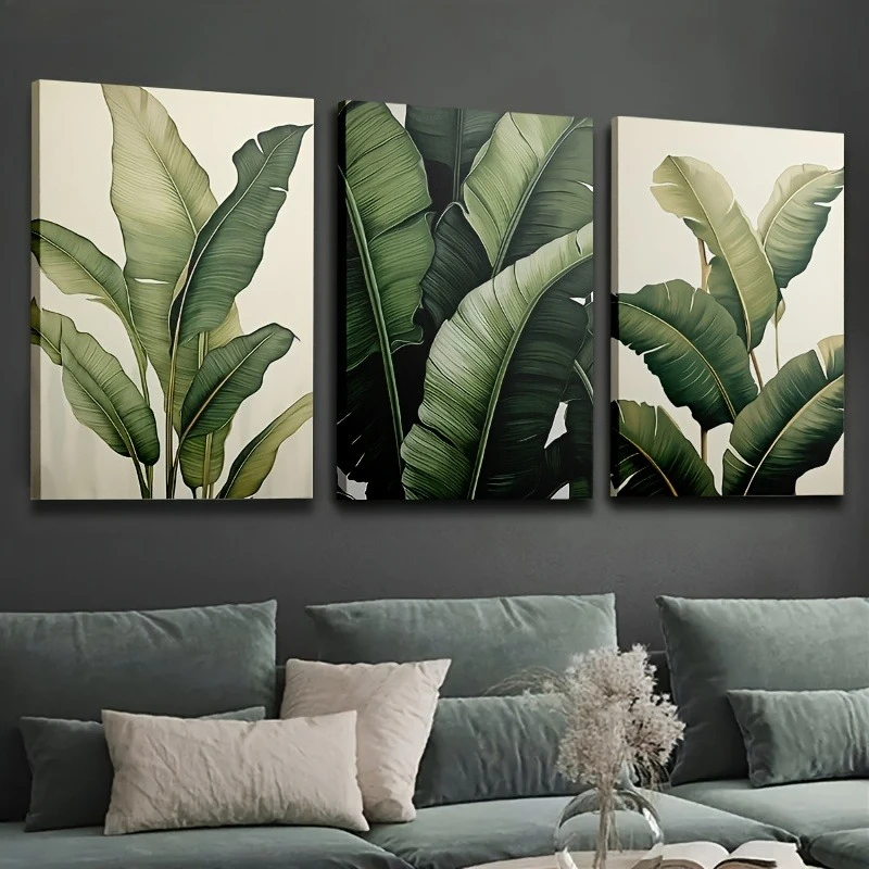 （3PCS NOFrame）-2D Flat, 2D Flat, Set of Three Frameless 2D Flat Canvas Artworks Featuring Green Tropical Plant Leaves, Perfec