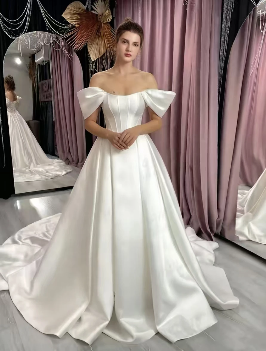 

Customized Simple Satin Off Shoulder Wedding Dresses A Line Women's Boat Neck Bridal Gowns Sleeveless Vestidos De Novia