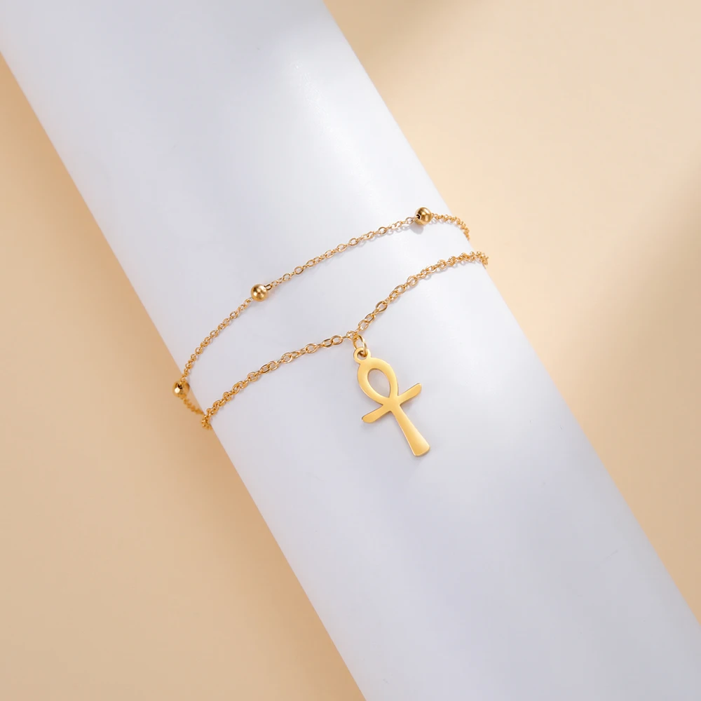 Dawapara Ankh Cross Ankle Bracelet Religious Egyptian Key of Life Cross Bracelet for Men Women Stainless Steel Jewelry