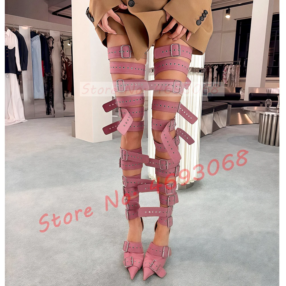 عارية مشبك حزام الفخذ العليا الصنادل المرأة مثير مدبب تو لامعة معدنية الثقوب أحذية طويلة السيدات Puttee صندل كعب عالٍ #3