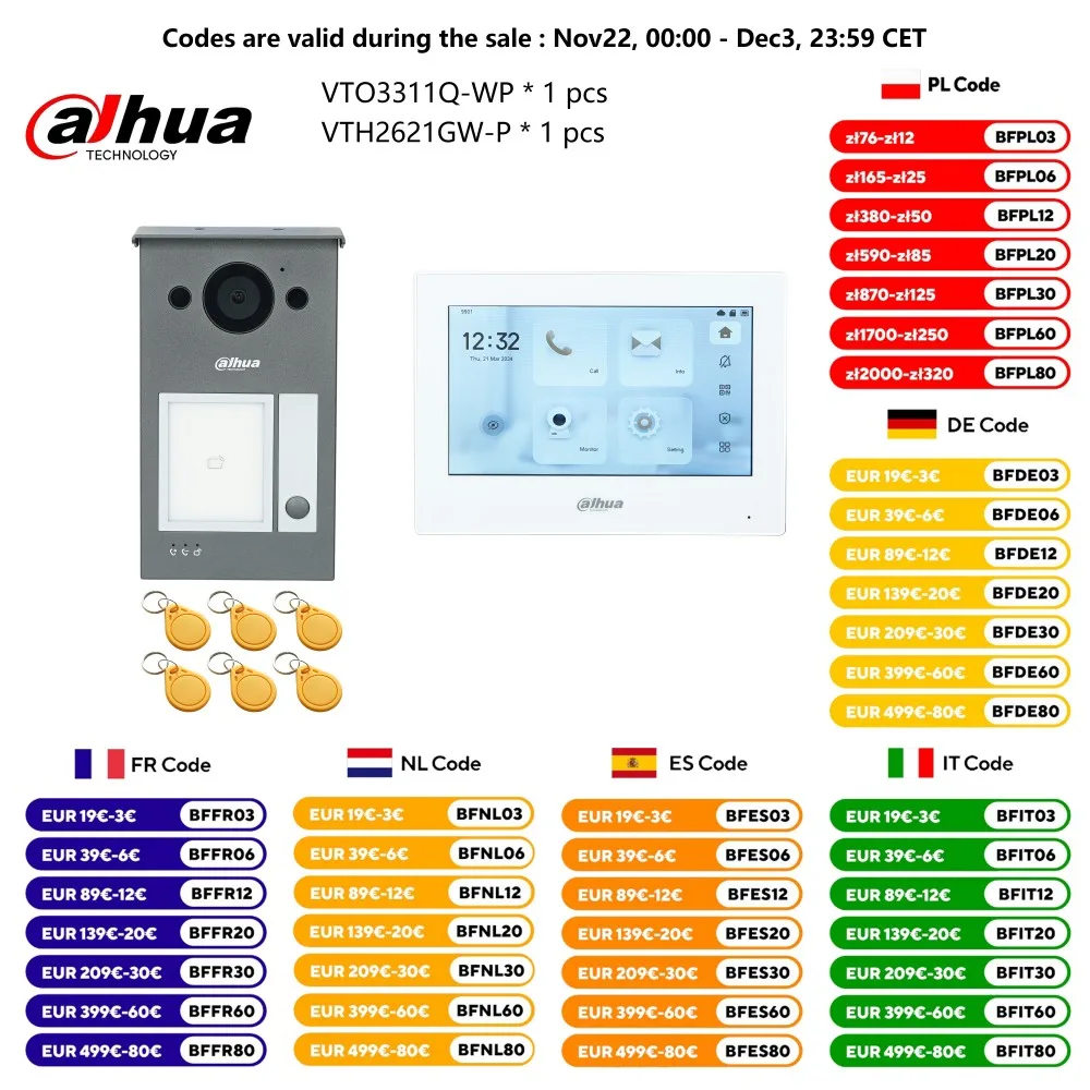 Dahua Multi-Language IP Video Intercom KIT,VTO3311Q-WP & VTH2621GW-P, P2P Cloud, Door bell 1, 2 ,3 ,4 buttons are adjustable