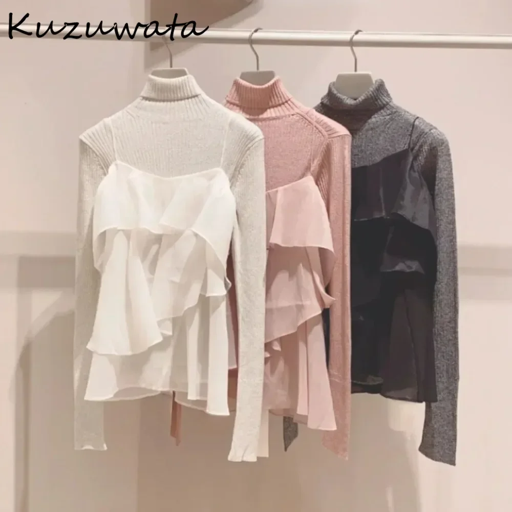 Kuzuwata Turtleneck Long Sleeve Knit Set Pullovers Sweet Ruffles Chiffon Straps Sling Japan New Moda All-match Elegant Suit Tops