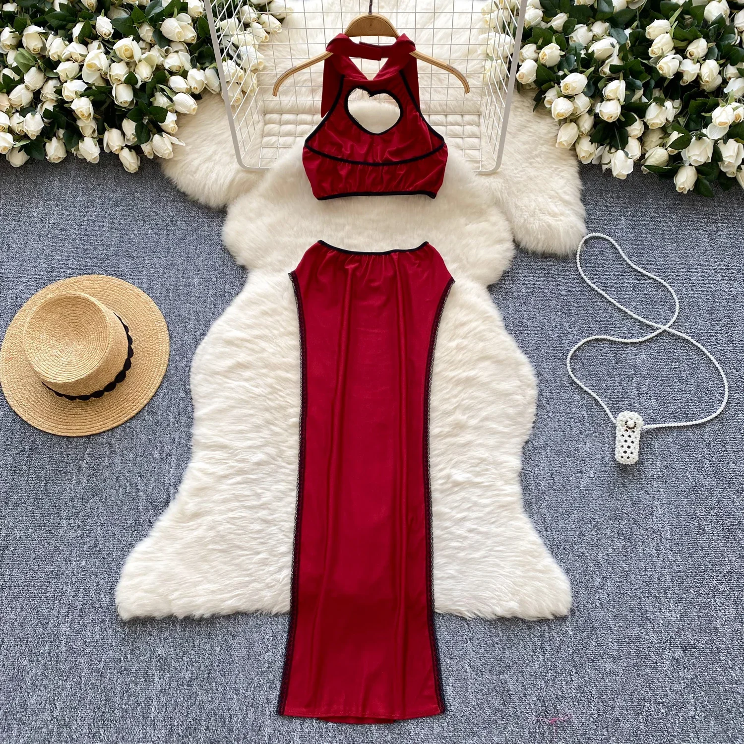 Women Halter Hotsweet Sleeveless Elegant Backless Camis Top Slim High Waist High Split Skirt French Evening High Street Clothing