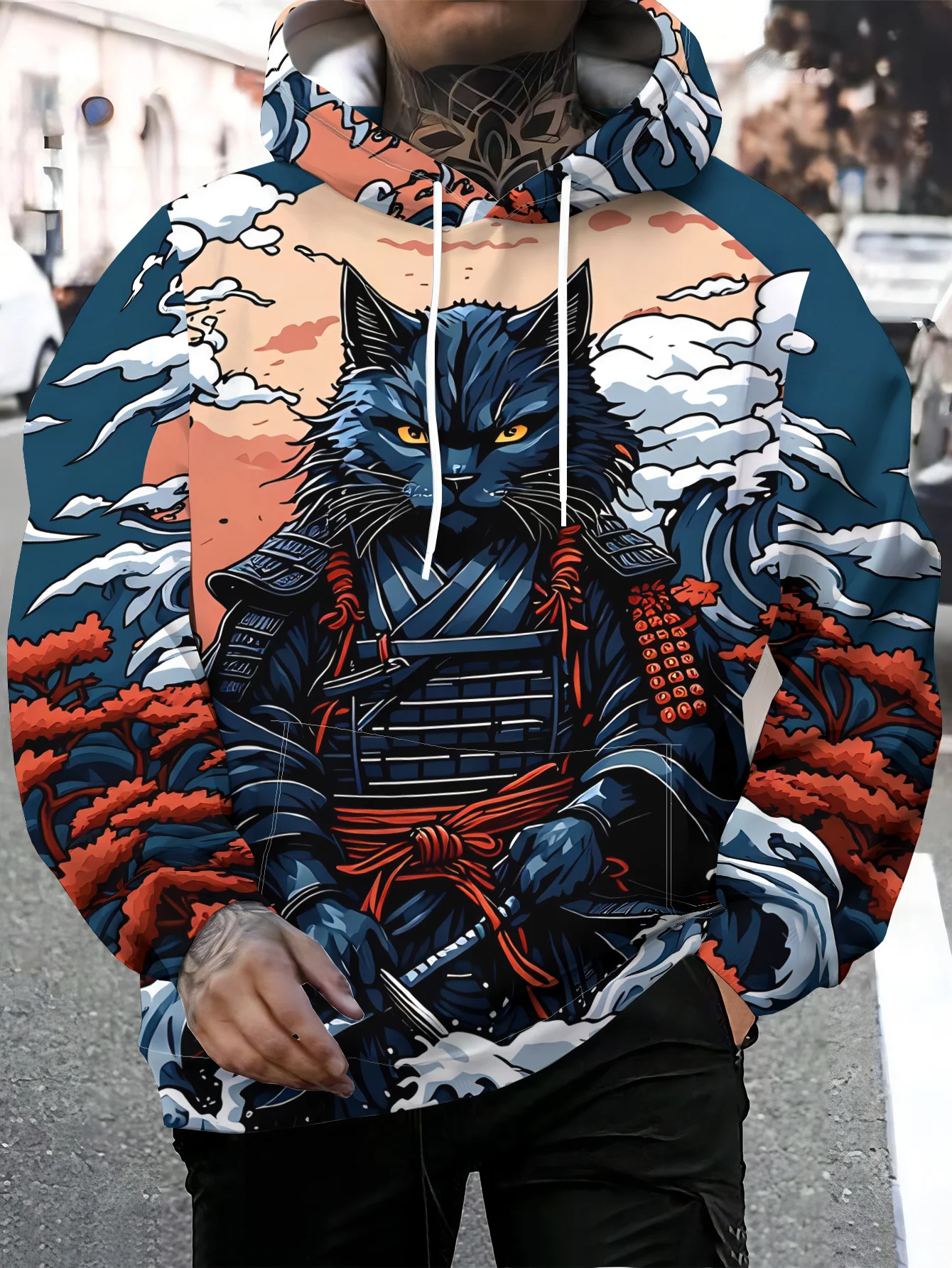 Men's Hoodie Autumn 3D Print Samurai Cat Japanese Ukiyo‑e Art Pullover Streetwear Casual Sweatshirt Men Clothing