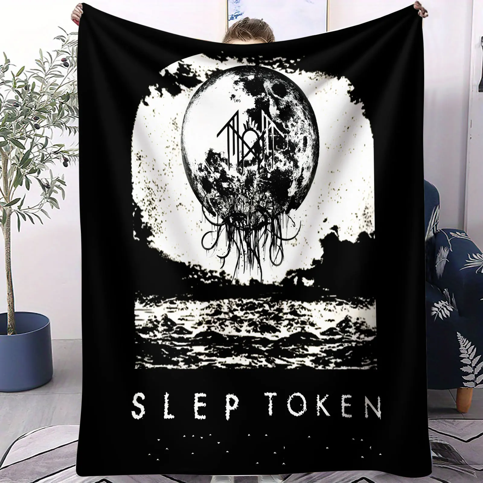 Sleep Token Flannel Blanket Black White Moon Jellyfish Gothic Print Soft Throw Blanket Warm Sofa Bed Travel Camping Blanket Gift