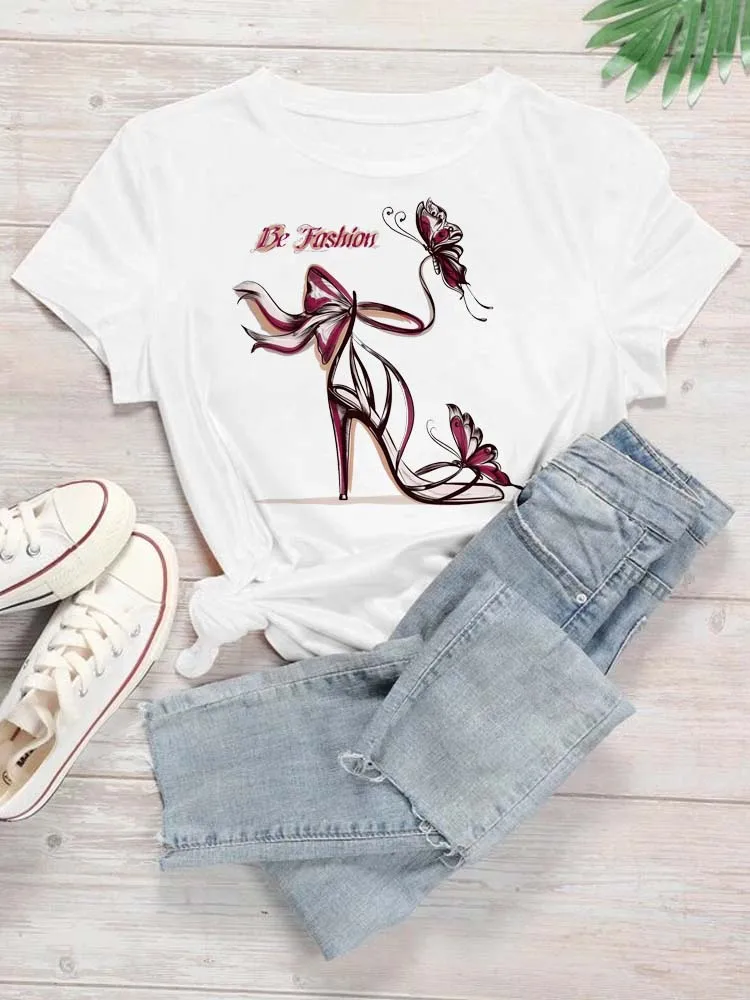 Maycaur 새로운 하이힐 와인 안경 그래픽 인쇄 T 셔츠 여성 재미 있은 Tshirts 캐주얼 흰색 반팔 탑 티셔츠 Feamle Clothes