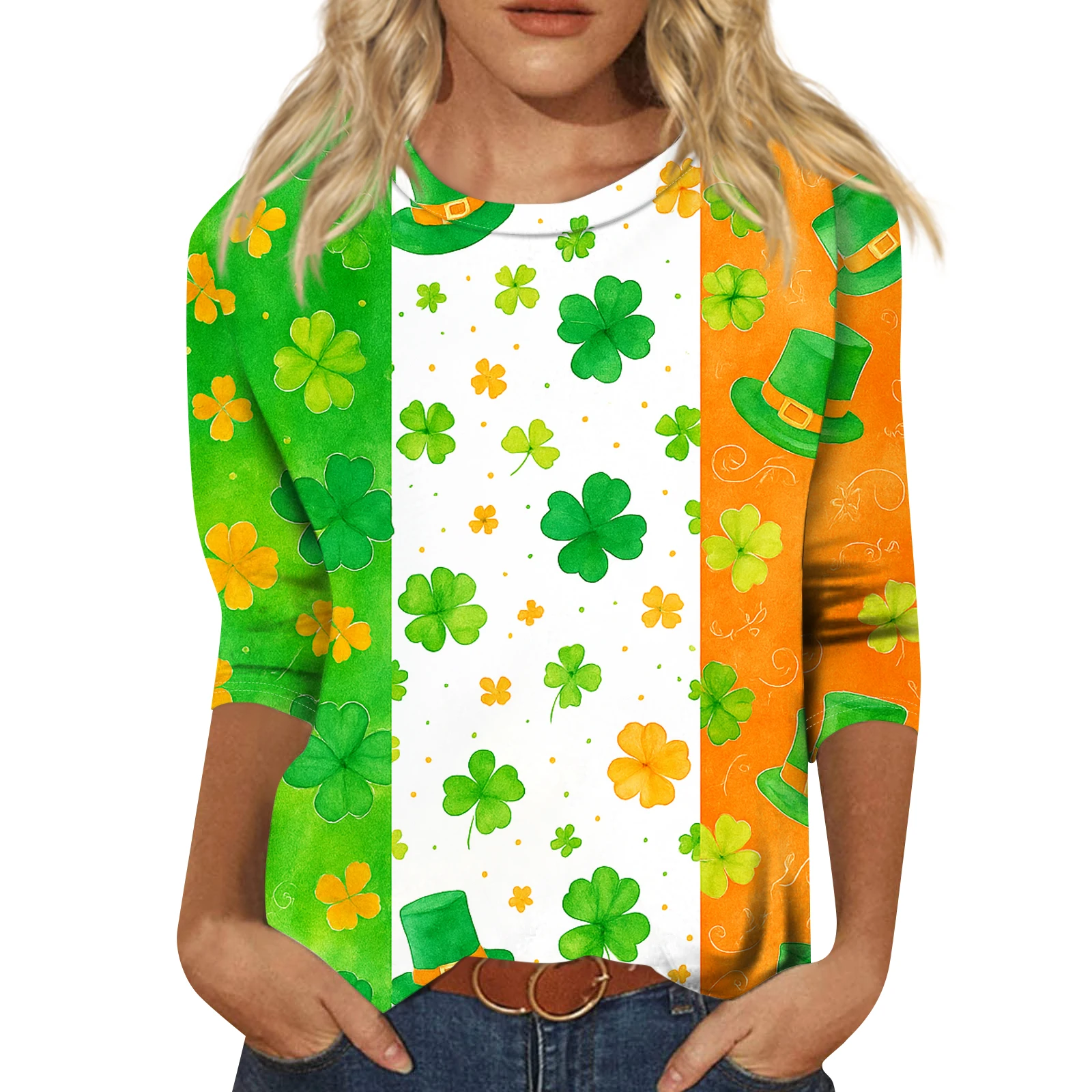 أنثى الصيف رقيقة عصرية عارضة ثلاثة أرباع كم ورقة مطبوعة جولة الرقبة أعلى سانت باتريك موضوع س الرقبة الملابس #3