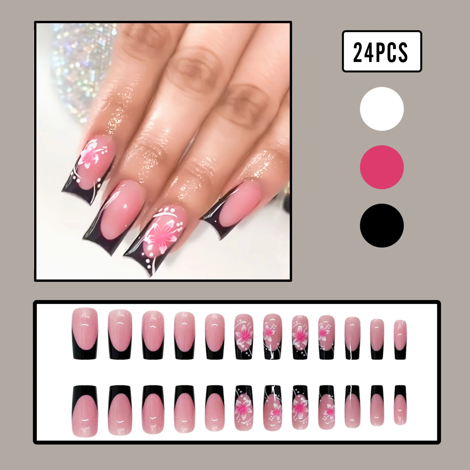 Black French Style False Nails Long Ballerina Square Head Press on Nails Pink White Flower Charm Manicure Full Cover Fake Nails