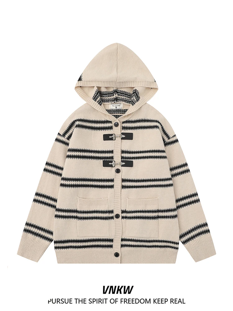 

Американский ретро-кардиган в полоску с капюшоном, вязаный, повседневный, универсальный, свободный, утепленный свитер, модный жакет