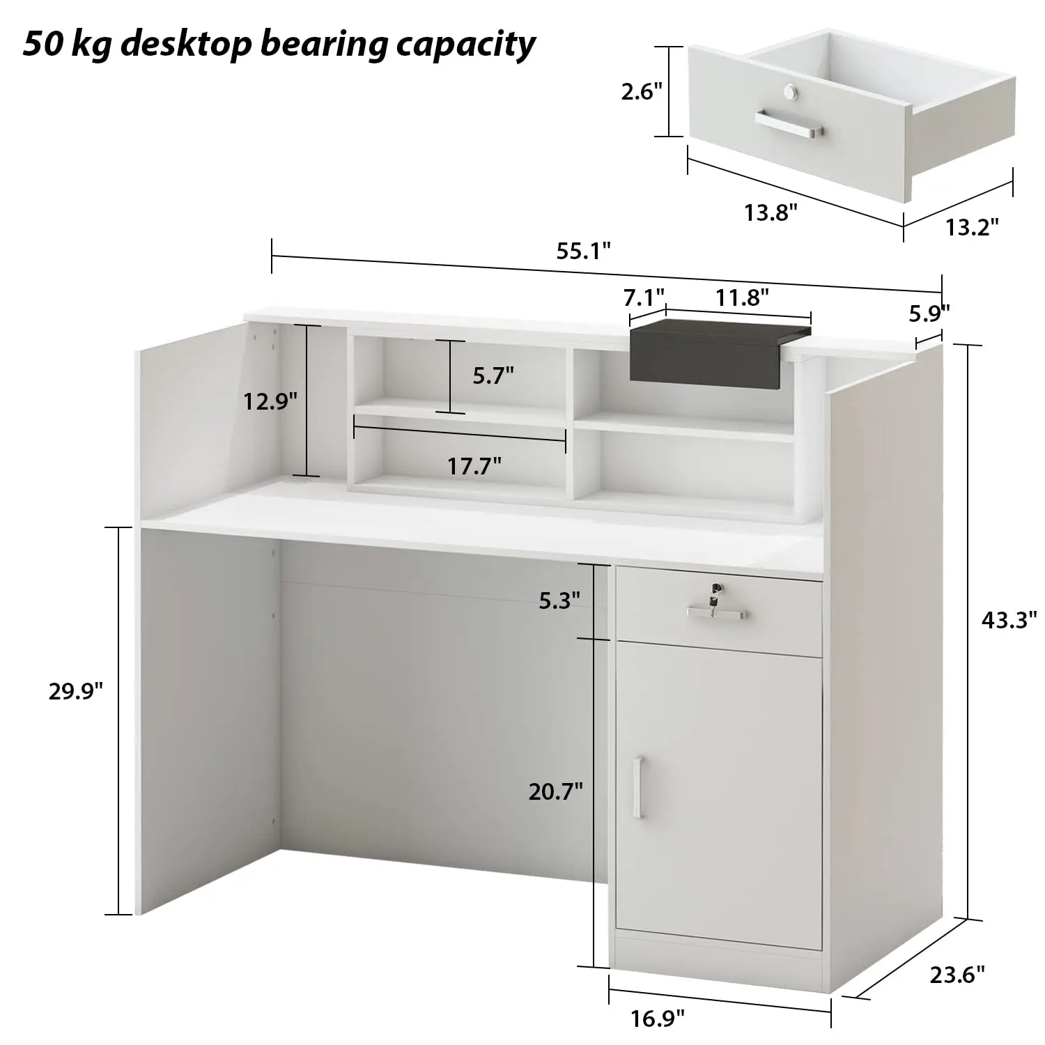 Reception Counter Desk with Adjustable Shelf & Lockable Drawersfor Salon Reception Room Checkout Office, White (55.1