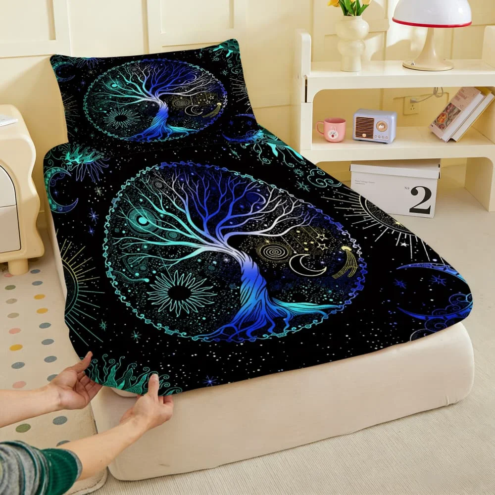 1pc Tree of Life Sun & Moon Print Fitted Sheet Deep Pocket Elastic Mattress Cover Single Double Queen King Bedroom Decor