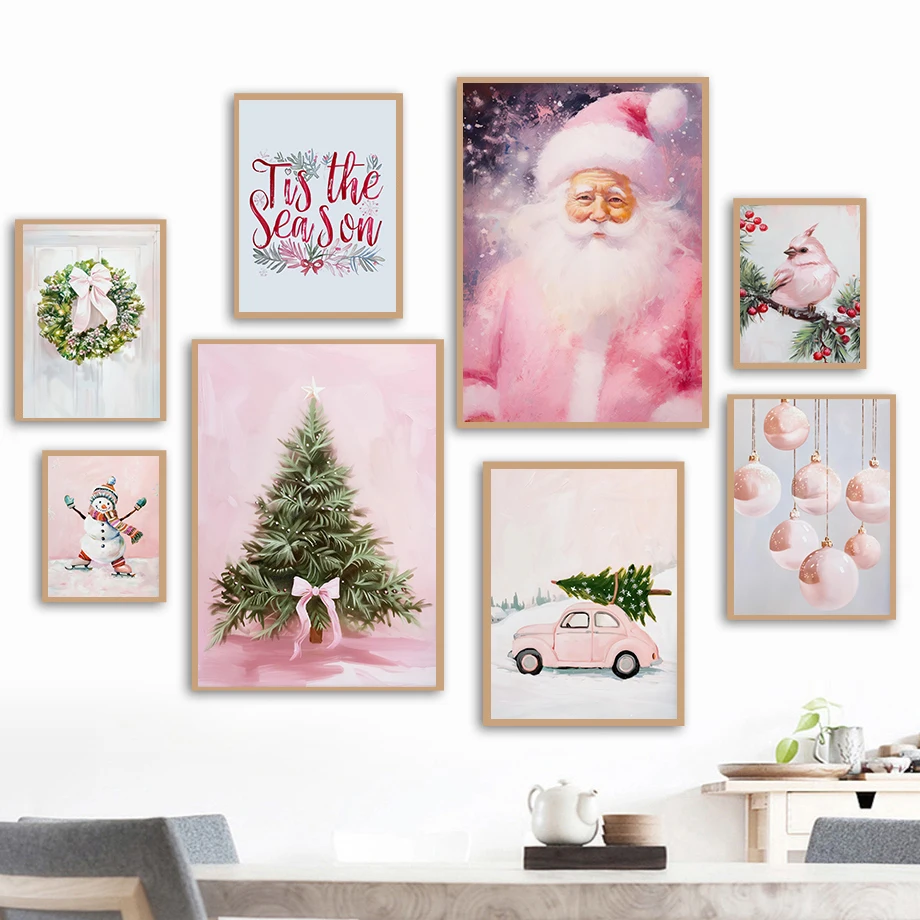 Pink Christmas Decoration Printed Gift Holiday Poster Wall Art Canvas Painting Nordic Poster Home Living Room Decor