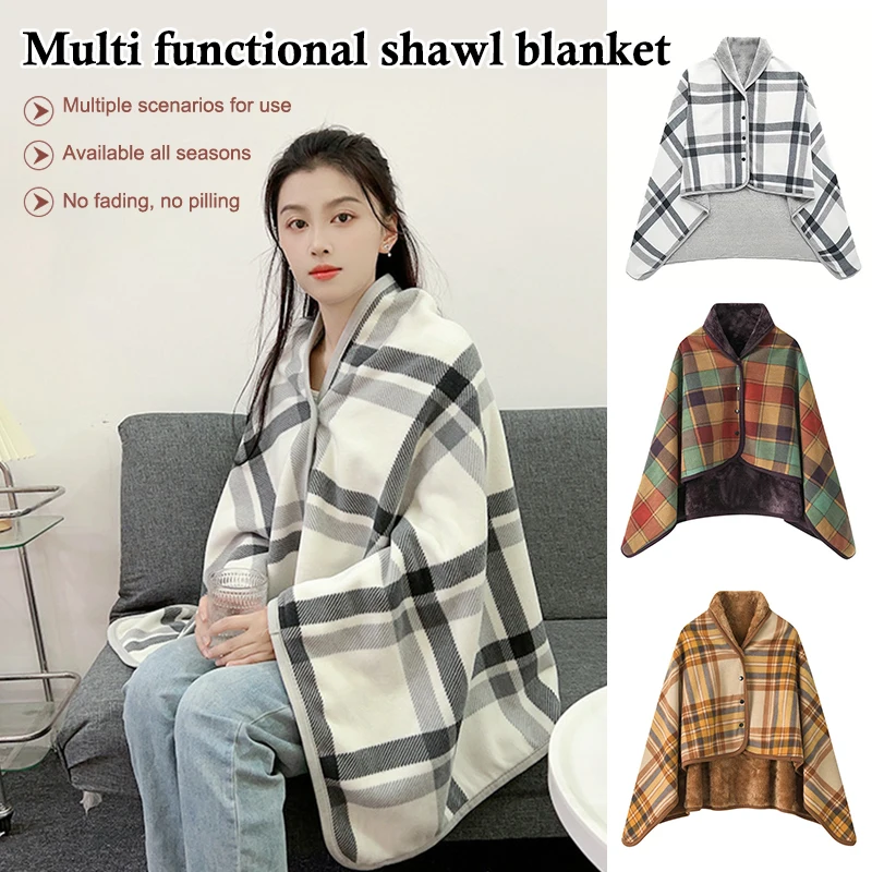 Plaid Fleece Wearable Blanket with Button Winter Warm Sofa Bed Travel Thicken Air Conditioning Blanket for Bedroom And Office