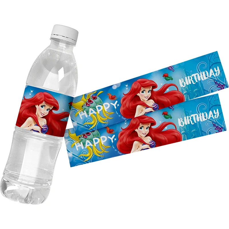 The Little Mermaid Mineral Water Bottle Custom Label Sticker Happy Birthday Water Bottle Wrappers Kid Birthday Party Decor 24Pcs