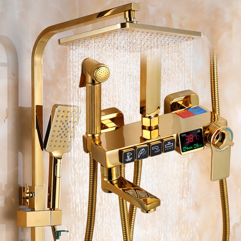 حار بيع الحمام المعاصر ثرموستاتي دش الأمطار مجموعة LED شاشة ديجيتال الحائط الذهب اللون النحاس الكروم الفنادق #3