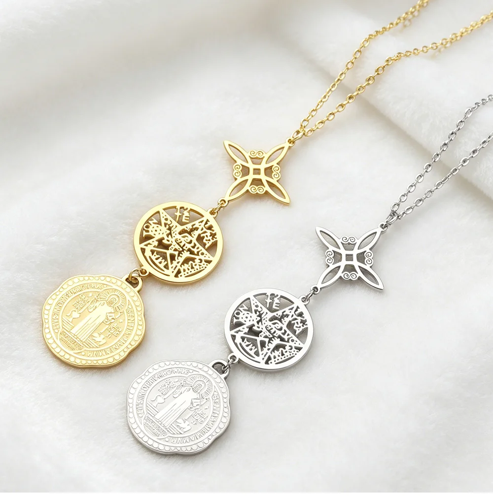 Dreifach-Schutz-Halskette mit Hexenknoten, Pentagramm, Tetragrammaton, doppelseitigem St. Benedikt-Amulett aus Edelstahl – Detail 7