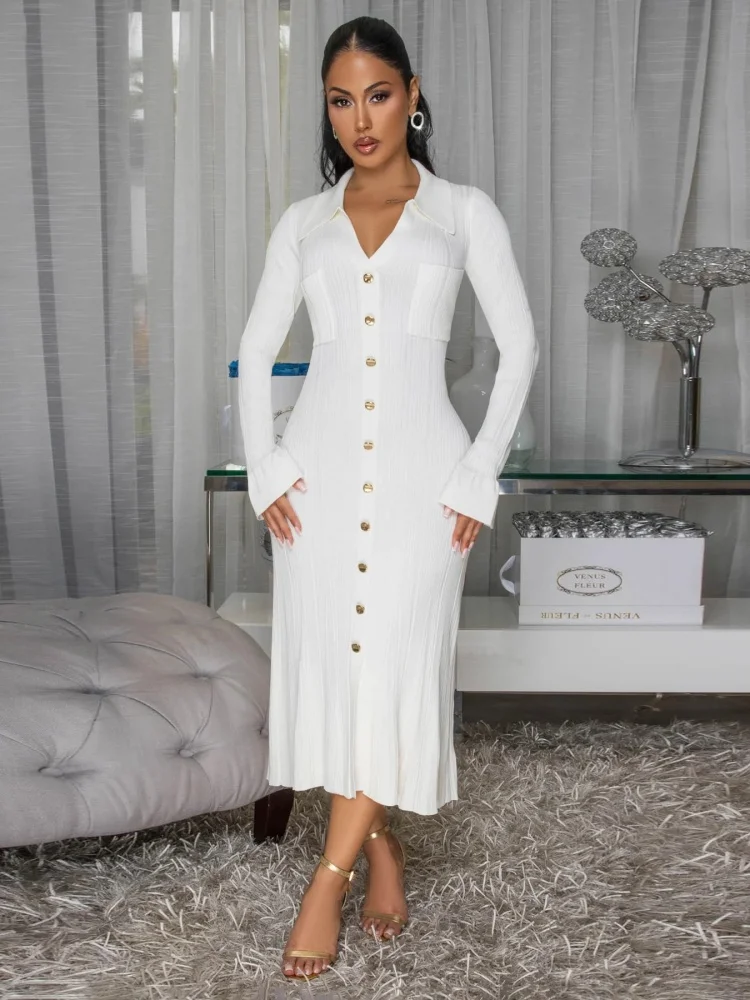 Sister Star Women's Dress Fashion V-neck Solid Color Long Dress Single Breasted Long Sleeve Temperament Commuting Dress Vestido