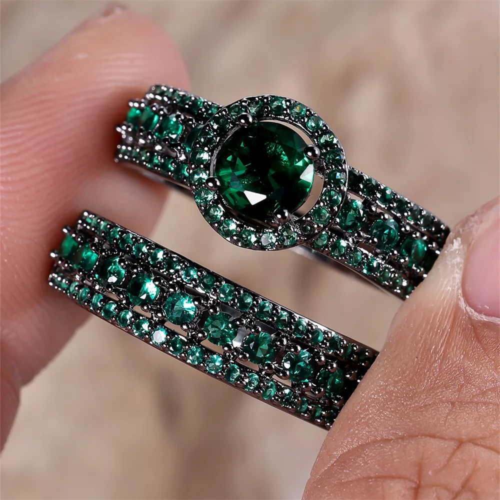 Green Zircon Engagement Double Rings Luxury Crystal Round Stone Ring Set For Women Vintage Black Metal Wedding Jewelry Sets Gift