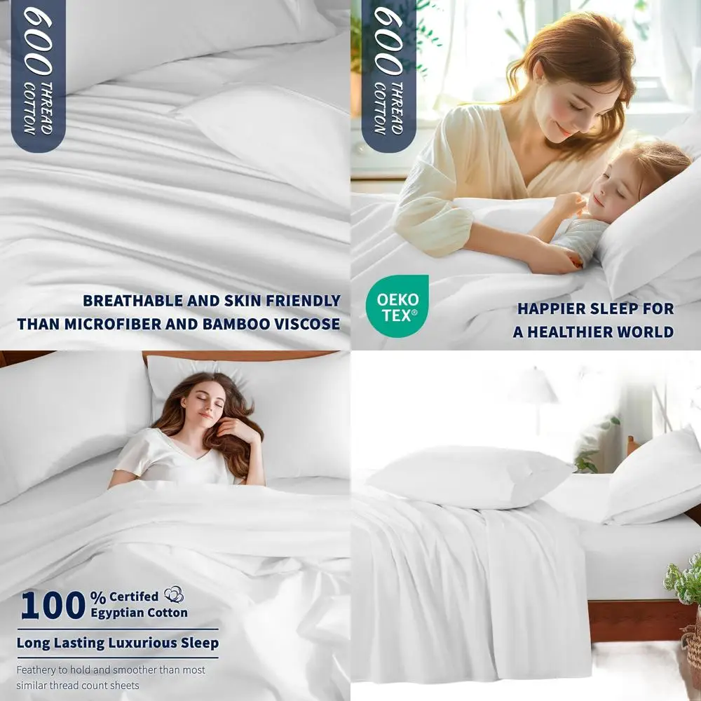 

Роскошные простыни из египетского хлопка 600TC, глубокий карман, дышащие, 4 шт. Queen White