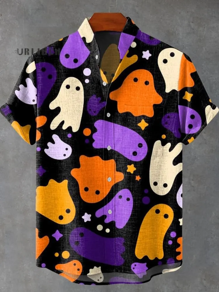 Fashionable 3D printed Halloween funny pattern men's casual loose linen pocket short stand up collar large shirt