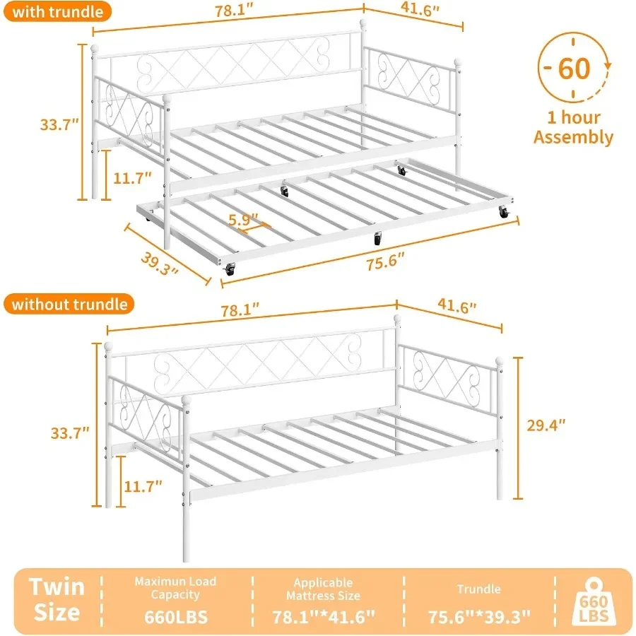GarveeLife Twin Daybed with Pull-Out Trundle, Heart-Shaped Metal Headboard, Heavy-Duty Steel Sofa Bed Frame, Space-Saving Guest