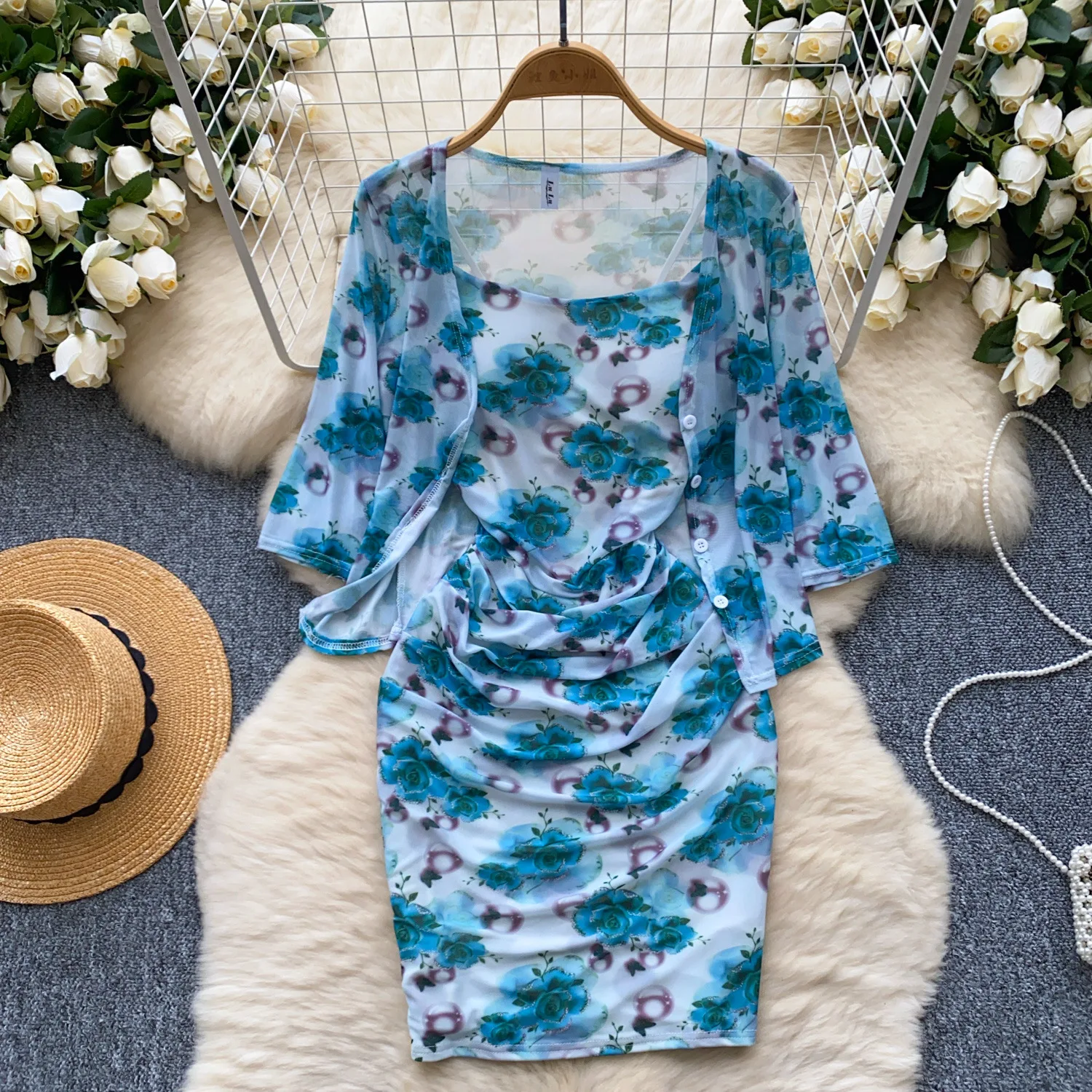 Short Dress Women Dresses Full Sleeve Coats Vestidos Y2k Streetwear Sleeveless Wrap Hip Print Floral Elegant Splice Party Night