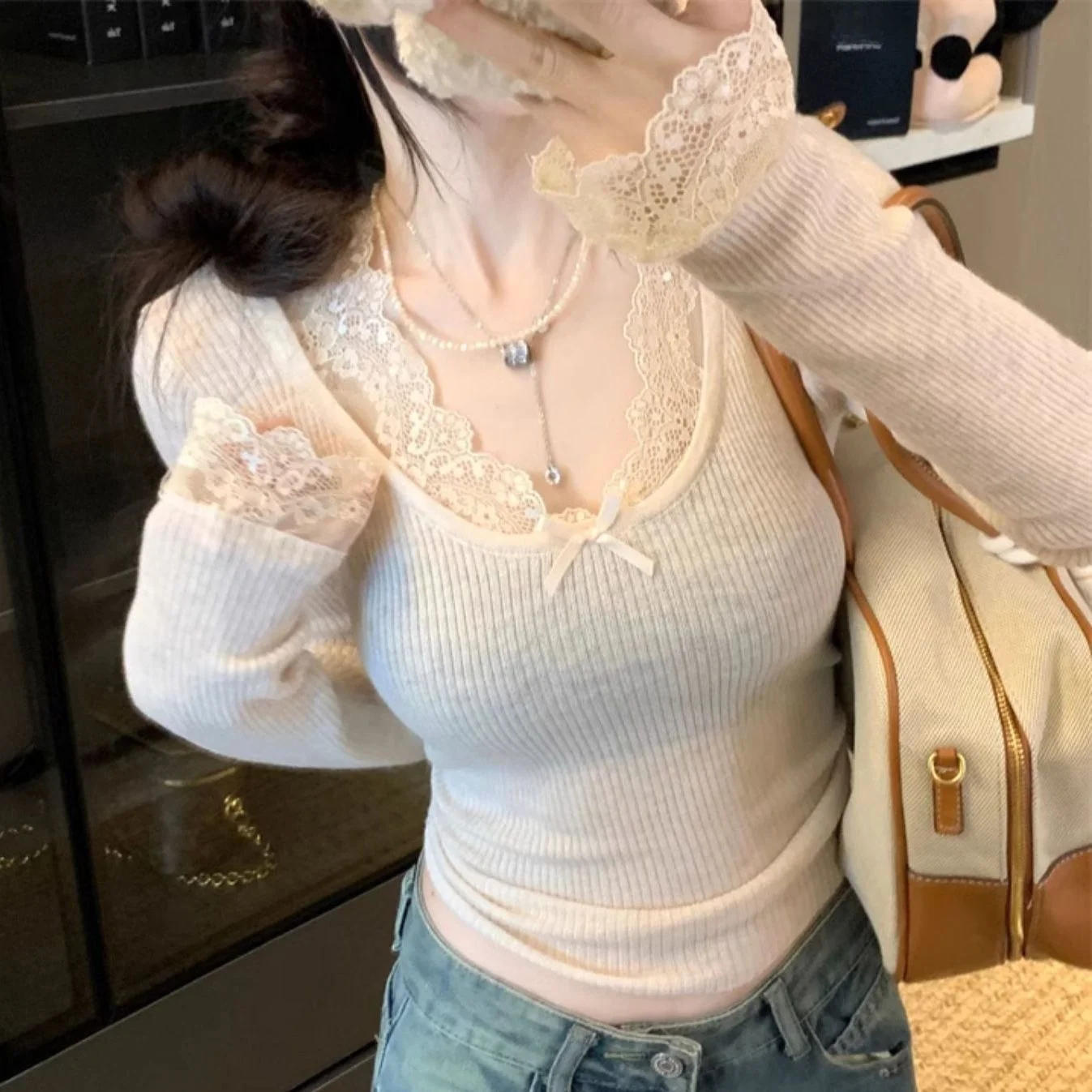 

Осень-зима женская кружевная трикотажная основа irt ort Sve Long Sve топ для чайной церемонии Pure Desire Lazy Sle внутренняя одежда