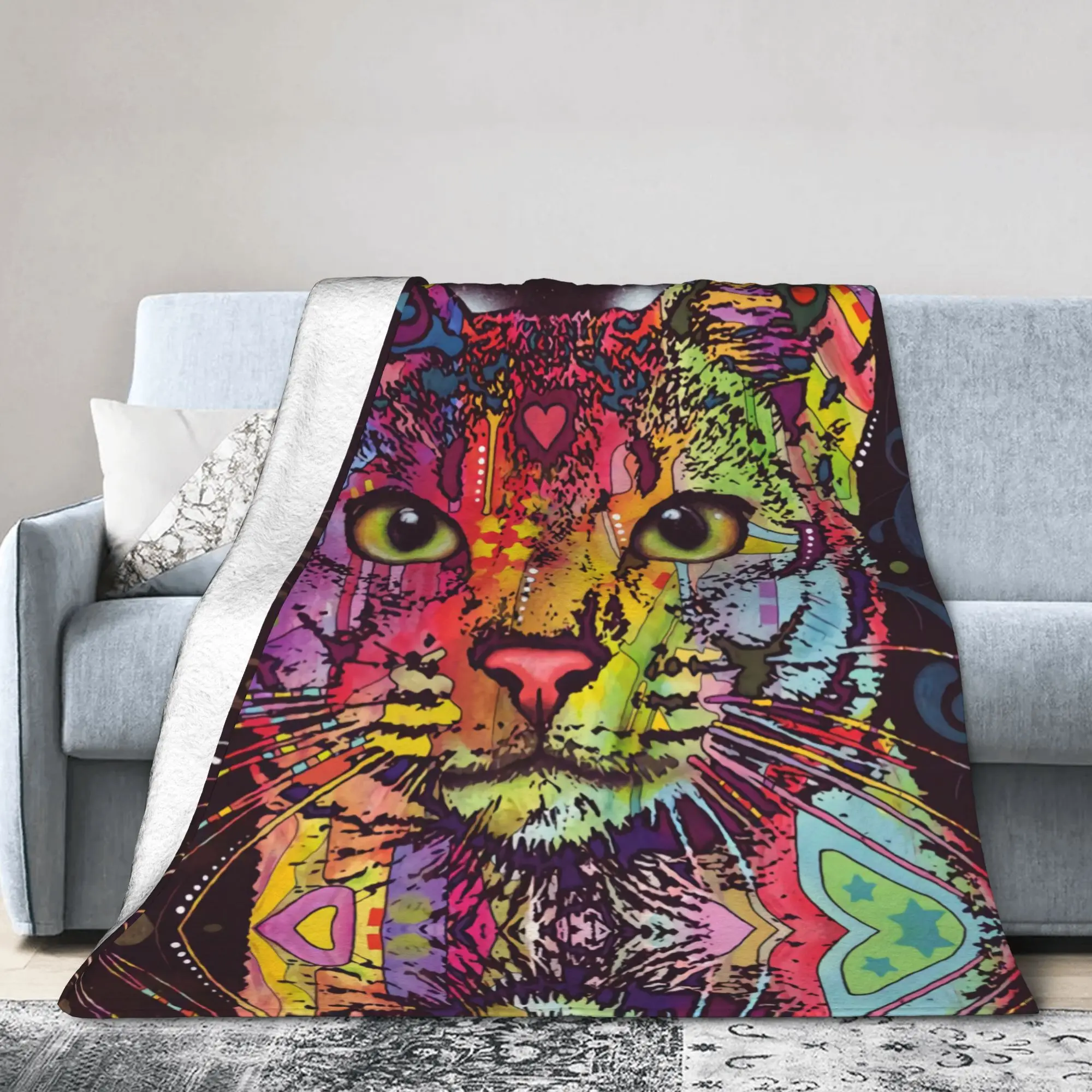 Custom 3D Print Confident Cat Blankets Breathable Soft Flannel Winter Painter Animal Throw Blanket for Sofa Home Bedroom