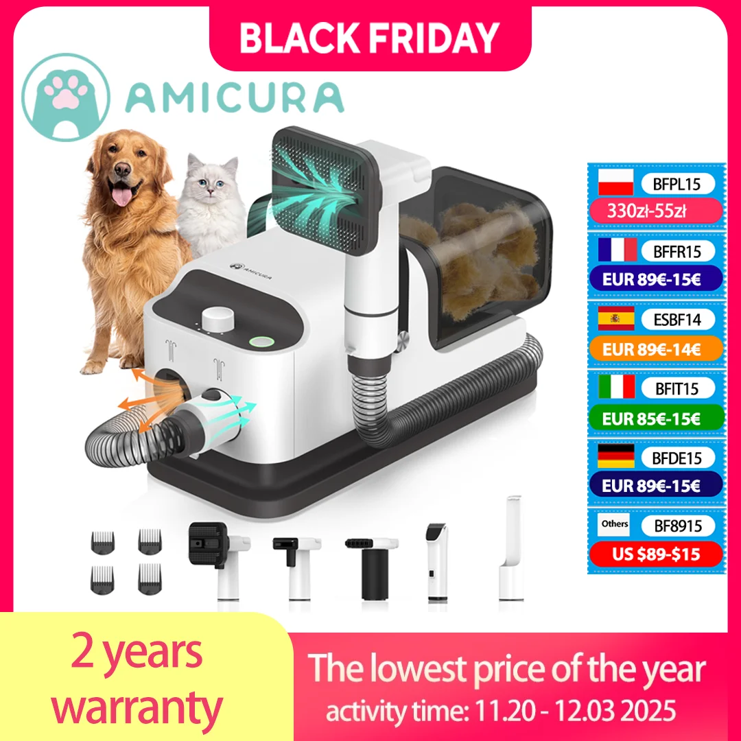 Amicura P1 aspirateur et sèche-cheveux 15kpa, ensemble de toilettage pour animaux de compagnie vitesse et température réglables, 5 outils de soins prouvés tondeuse pour chiens