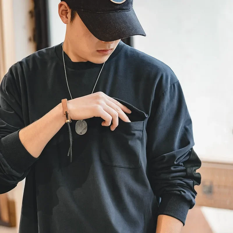 

Японская винтажная футболка с длинным рукавом для мужчин, лоскутные свободные топы с круглым вырезом и карманами, однотонная повседневная толстовка из 100% хлопка