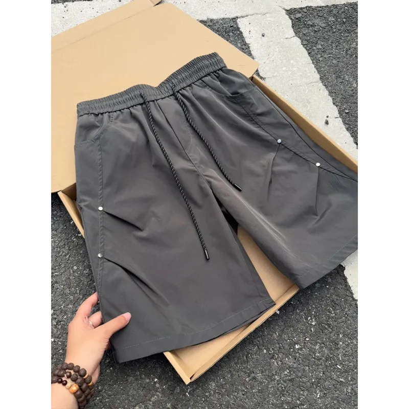 

Quick Dry Workwear Shorts for Men Summer Thin Rivet Design Straight Leg Casual Sports Polyester Fiber Elastic Waist