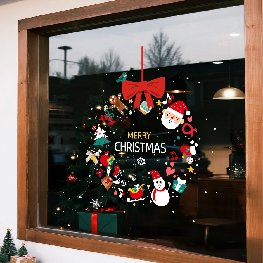 1 Piece 45Cm*45Cm Christmas Decorative Window Sticker with Bow, Christmas Wreath Glass Sticker, Holiday Party Atmosphere Scene Arrangement, Static Window Flower Door Sticker