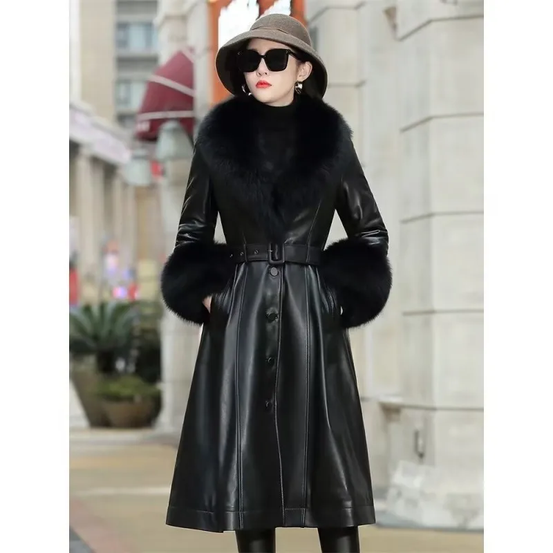 Removable Fox Fur Collar Cuffs Genuine Leather long Coat Women 2024 Autumn New Streetwear