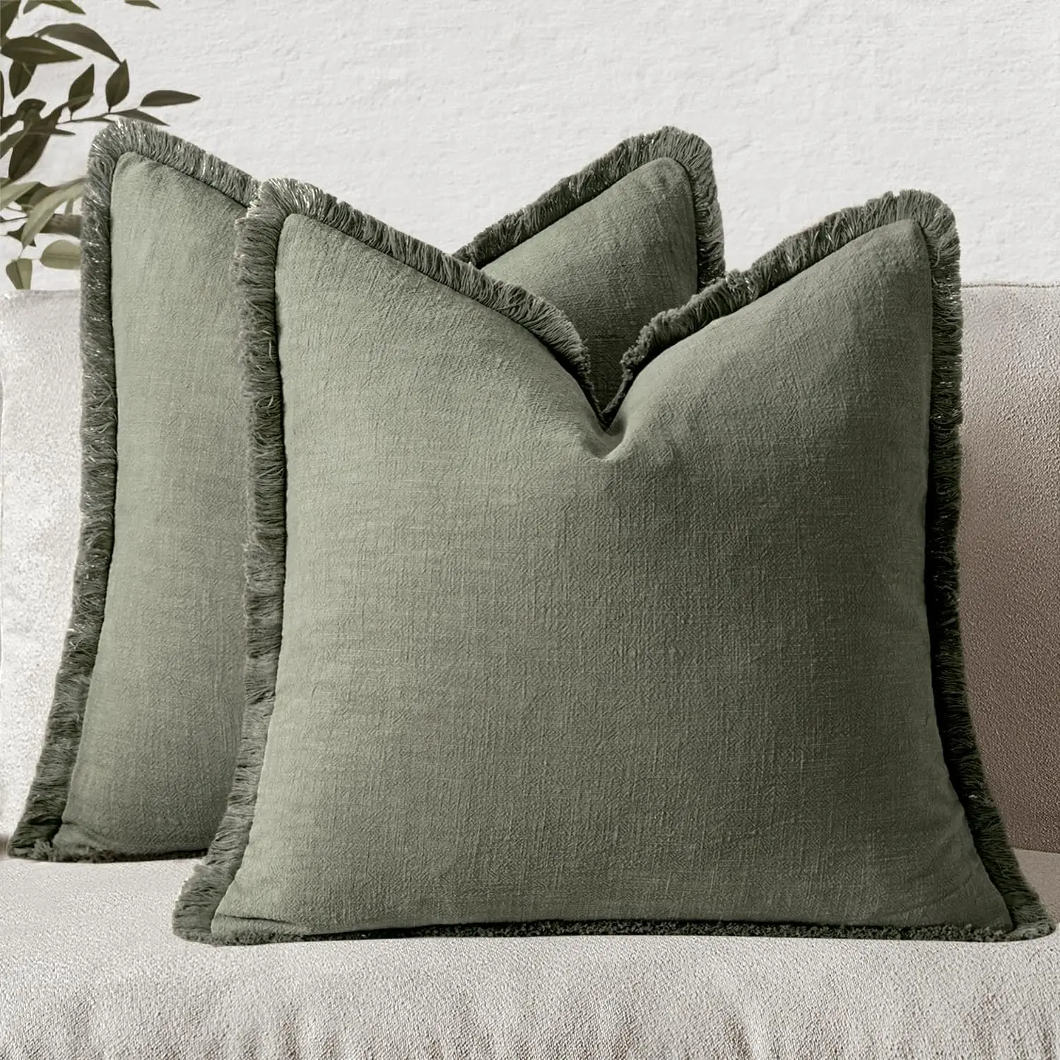 

Decorative Throw Pillow Covers Neutral Linen Fringe Throw Pillows Set Of 2 Light Olive Green Boho Farmhouse Cushion Covers For