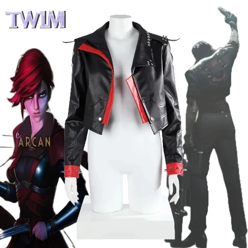 

Anime Arcane Season 2 Vi Cosplay Costumes Black Wig Black Faux Leather Jackets Halloween Carnival Uniform For Women Girls Suits