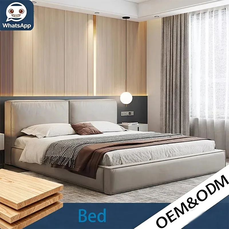 OEM & ODM Custom Soft Genuine Leather Bed Frame, Large Oversized King Size Luxury Upholstered Bedroom Furniture