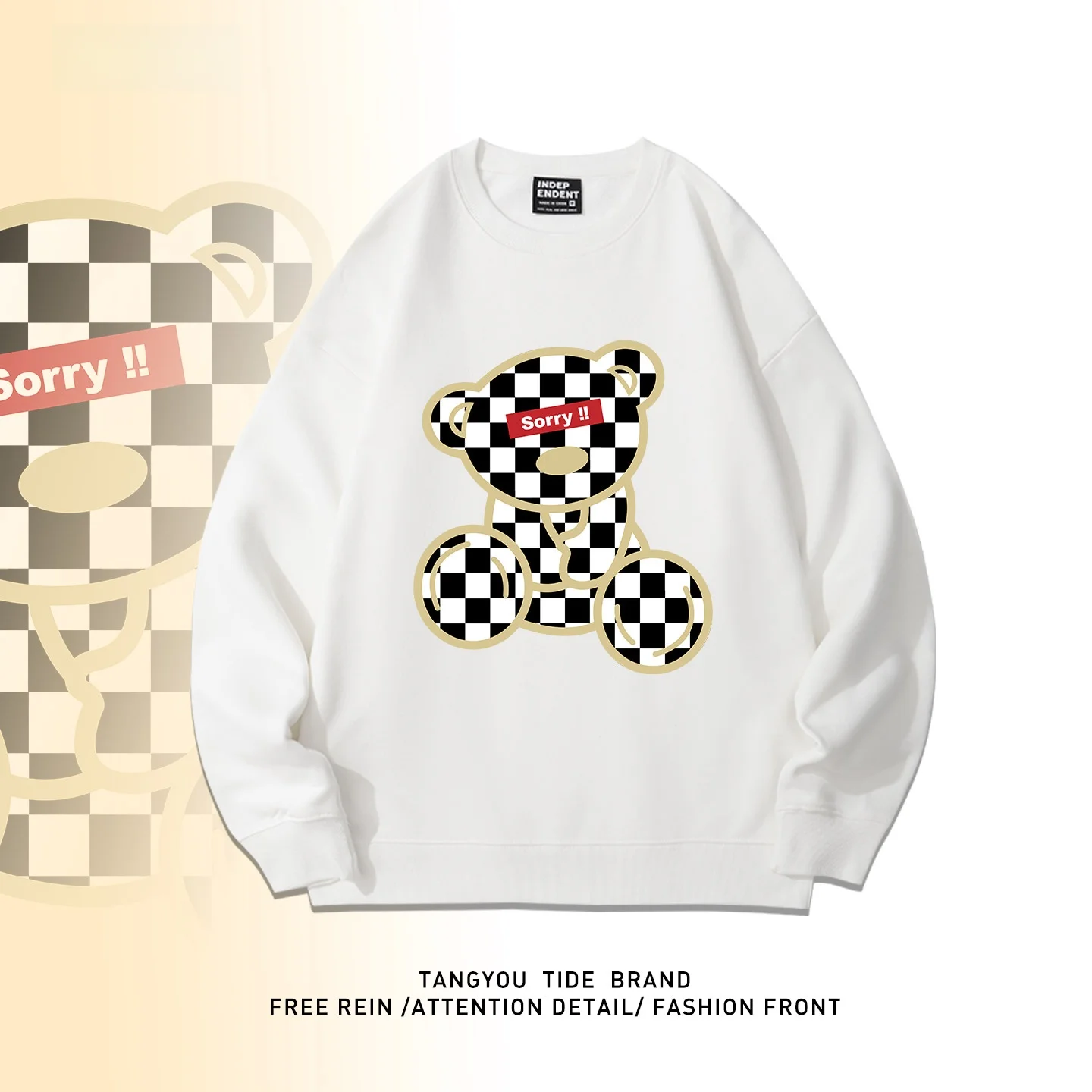 

American Cartoon Bear Chboard Print Sweatirt Men's Spring Autumn Loose round Ne Versatile Top Quali Cotton Fabric