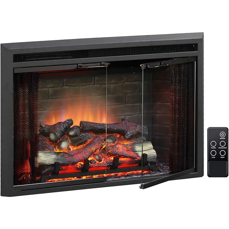 PuraFlame Klaus Electric Fireplace Insert with Fire Crackling Sound Glass Door and Mesh Screen, 750/1500W, Black