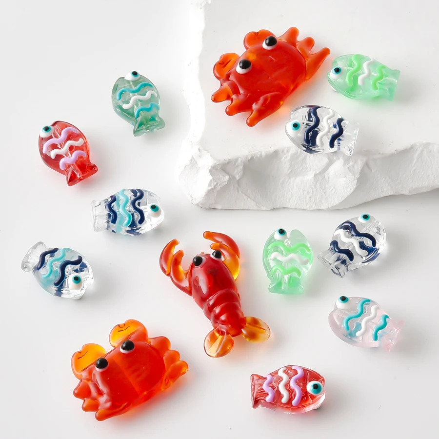 5/12pcs Sea Animal Lampwork Beads Tiny Fish Crabs Shrimp Shaped Loose Glass Bead For Craft Jewelry Making Necklace Accessories