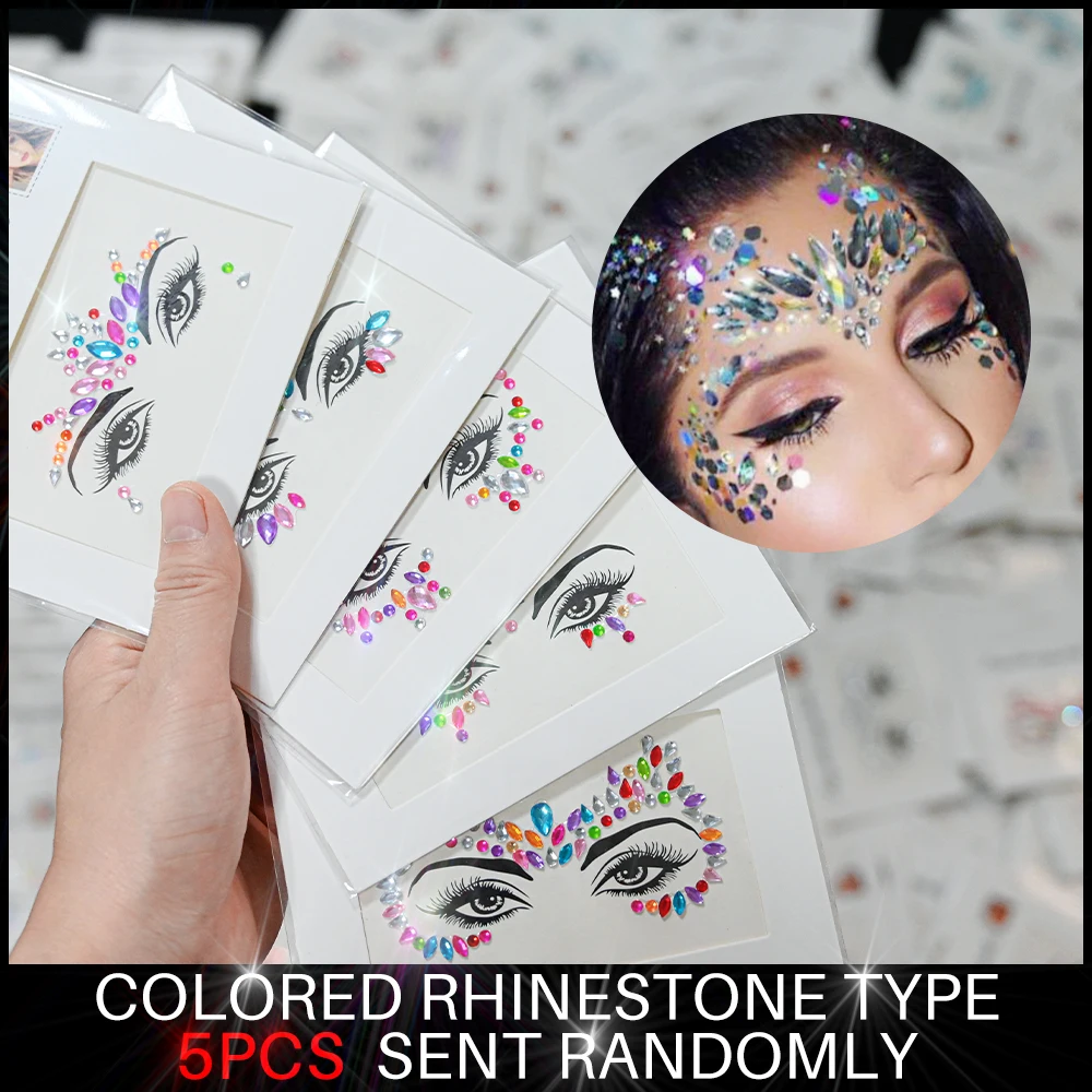 

5Pcs 3D Mix Random Face Gem Tattoo Stickers Body for Party/Wedding/Festival Rhinestone Decal Self-Adhesive Glitter Jewels Slider