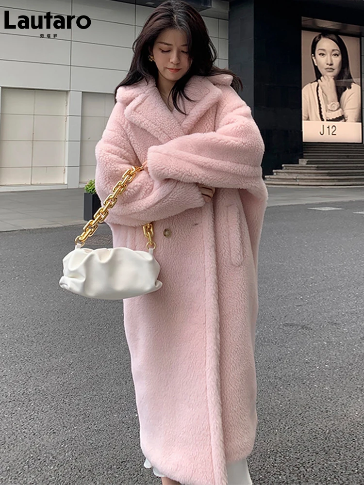 Lautaro Winter Oversized Lange Roze Dikke Warme Teddy Jas Vrouwen Double Breasted Losse Casual Stijlvolle Europese Faux Fur Overjas