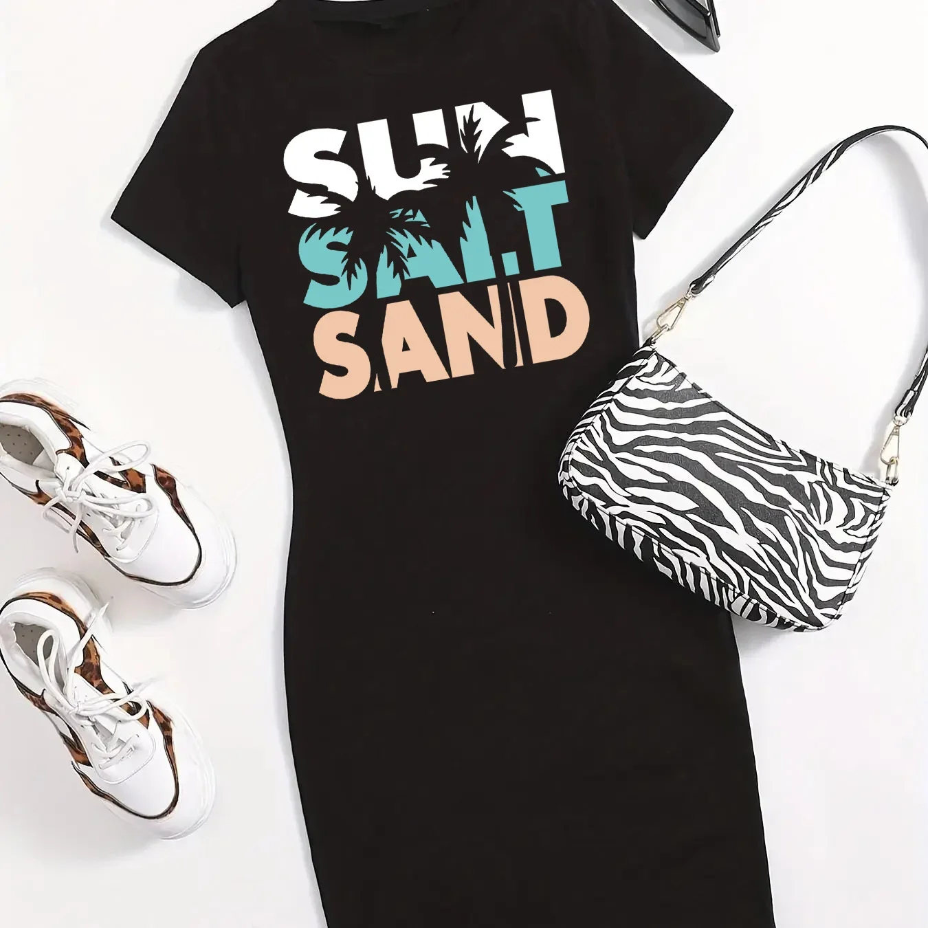 Mini abito T-shirt girocollo a maniche corte slim fit casual con stampa SUN SAIT SAND da donna Pop Summer