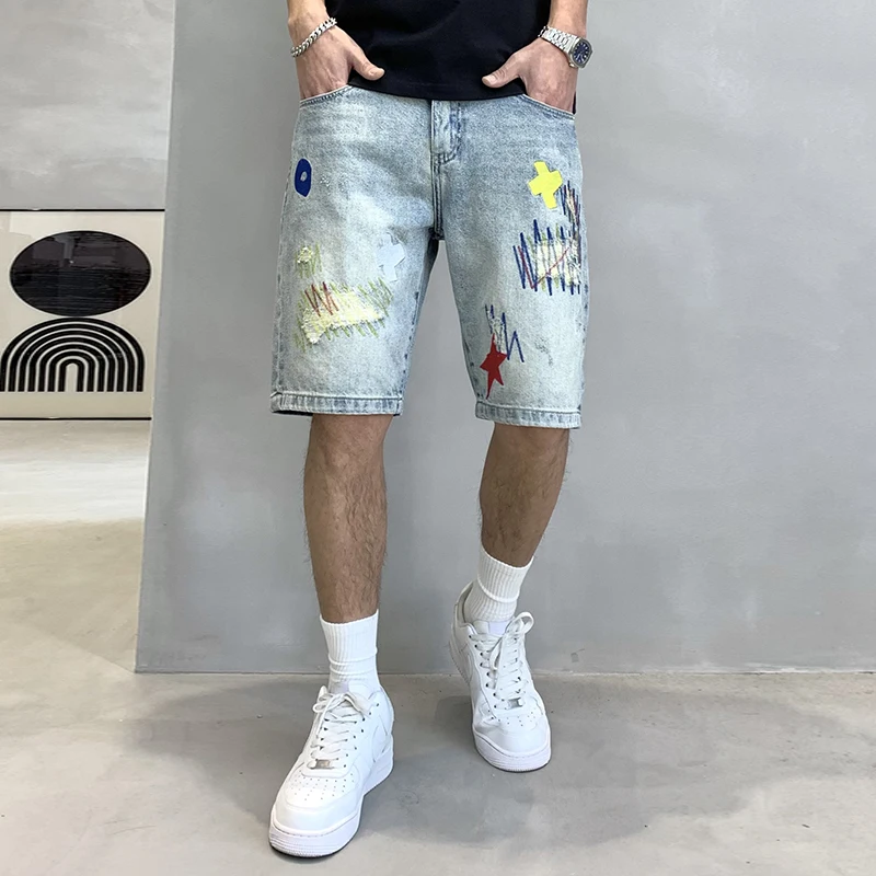 

Embroidery hole summer new denim shorts men tide five pants loose versatile casual Chinese pants