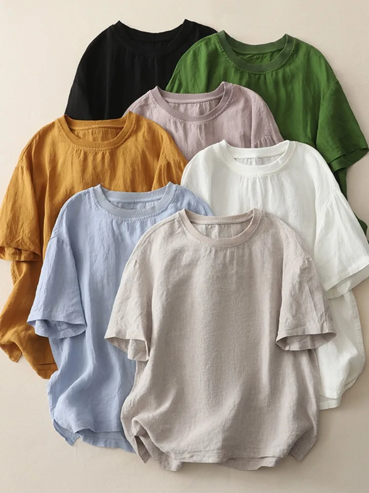 Cseta Retro de lino y aodón con cuello redondo y manga corta para mujer, Top informal de verano de Color sólido con empa...