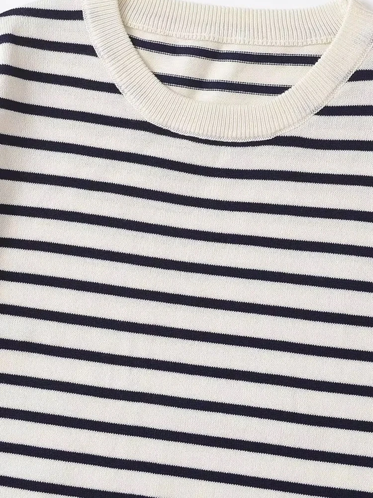 Maglione lavorato a maglia a righe da donna O-Collo Manica corta Pullover alla moda chic Top Maglieria femminile elegante ed basic