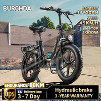 BURCHDA R8V-B 1000W45KM/H Foldable Electric Bicycle 48V20AH Lithium Battery 20 Inch Fatbike Electric Bike For Adults Motorcycle